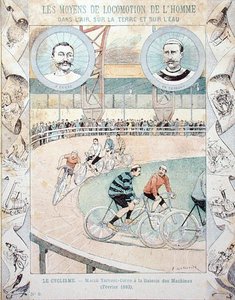 Charles Terront and Jules Corre at the Galerie des Machines in February 1893, from a schoolbook by E. Letellier