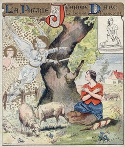 The young Joan of Arc (1412-1431) listening to the voice of angels asking her to come to the aid of France during the Hundred Years War - From a protective sleeve for school books, late 19th century by E. Letellier