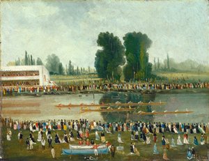 Rowing Scene: Crowds Watching from the River Banks by E. Levy