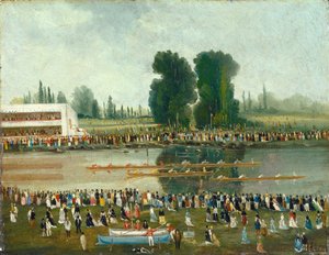 Rowing Scene: Crowds Watching from the River Banks, late 19th century by E. Levy