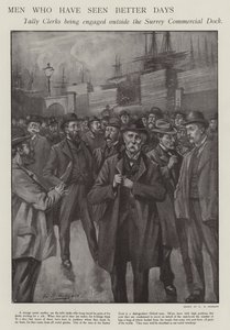 Men Who Have Seen Better Days: Tally Clerks Being Engaged Outside the Surrey Commercial Dock, London by E. S. (after) Hodgson
