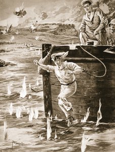 Midshipman Malleson Jumping with a Line from a Barge to Link Up Another Barge Which Was Drifting
