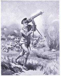 Private Lynn carrying away a machine gun for repair under heavy fire at the Battle of Aisne. Awarded DCM 1915