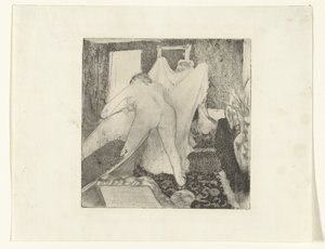 Woman Stepping Out of Bath and Receiving Towel from Another Woman by Edgar Degas