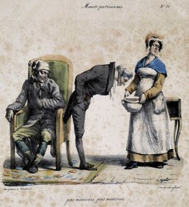 Sick, doctor looking in the pot and servant. Cartoon of Parisian morals by Pigal (19th century), preserved at the Musee Dobree in Nantes