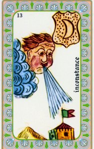 Tarot by Magus Belline drawn by Edmond Billaudot c. 1845 and given to Clairvoyant Belline for Reissue: Card of the Fickleness: Wind is Blowing by Edmond Billaudot