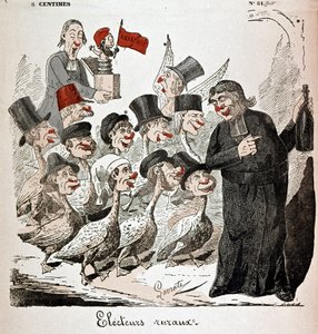 Rural voters: voters represented as geese and attracted by a priest with alcohol - drawing by Lavrate
