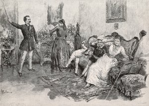 Two women and two children scared by intimidating man, engraving from illustration by Edoardo Matania to the book Military Life in Italy by Edmondo De Amicis, from L