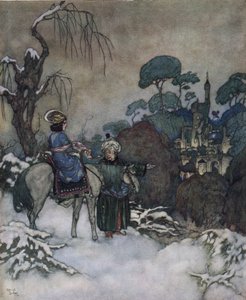 Beauty and the beast: the Belle, having agreed to take the place of her father prisoner of the Bete to liberate him, heads towards the castle, c.1910 by Edmund Dulac