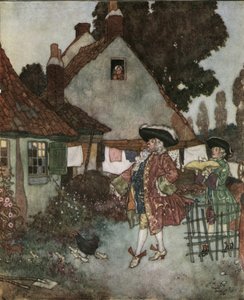 Cinderella: the minister searches in all the cottages and houses of the kingdom for the girl who lost her slipper of vair c.1910 by Edmund Dulac
