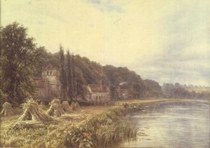 Riverside Village with Figures Fishing by Edmund George Warren