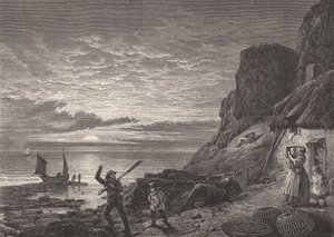 Fishermen father and son saying goodbye to their family by Edmund Morison (after) Wimperis