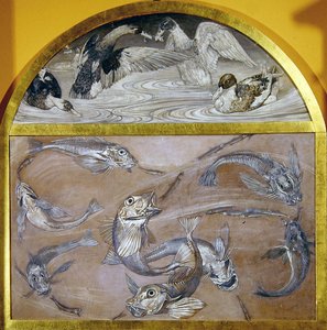 Diptych: Fish and ducks in a pond