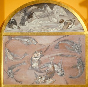 Diptych with fish and ducks in pond by Edoardo Gioja