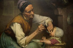 An Old Woman Feeds Her Granddaughter Held in a Wicker Baby Walker by Edouard Jerome Paupion