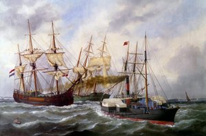 Two Three-Masted Ships by Le Neptune at Le Havre in 1882 by Edouard Marie Adam