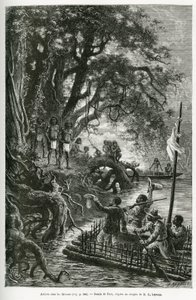Arrival of the raft of Dr. Crevaux and E. Lejeanne, on the banks bordering the village of Mitouas. Engraving by Riou, to illustrate the voyage of exploration through New Granada and Venezuela, by Doctor Crevaux, first class physician of the navy and E. Lej by Edouard Riou
