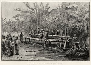 Batak women, northern Sumatra ethnic group, pounding and cleaning rice. Engraving by Riou to illustrate the story 