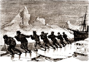 Crew of sailors pulling a sailboat on an ice floe by Edouard Riou