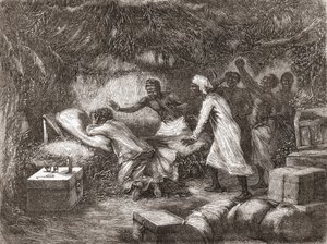 Death of Dr. Livingstone in the village of Tchitammbo, Africa, in 1873, illustration from "The World in the Hands", published 1878 by Edouard Riou