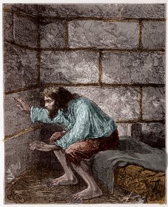 Edmond Dantes, aka the Count of Monte Cristo in his prison - Engraving by Riou, in 