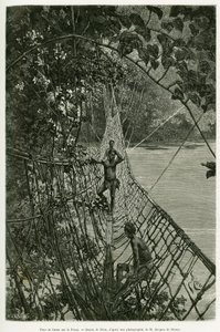 Liana bridge over the Passa. Engraving to illustrate the story Voyages dans l