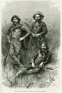Members of the expedition: Mr. Thouar (lengthening), Mr. Novis (standing left) and Mr. Valverde (standing right). Engraving to illustrate the story Voyage dans le Chaco Boreal.