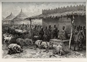 Reception at the naba Sanem, from the Mossi kingdom of Waghadougou. Engraving to illustrate the story From Niger to the Gulf of Guinee by Captain Louis Gustave Binger, in 1887-1889, in Le tour du monde 1890, directed by Edouard Charton, Hachette, Paris. by Edouard Riou