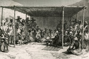 Signing of the treaty that placed the country of Kita under the protectorate of France on 25 April 1880 (engraving by Riou, based on a sketch by the author, to illustrate the story 