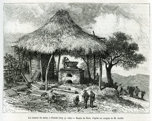 The Sugar Baking Oven, in Panche (Colombia), drawing by Riou, to illustrate the story of Equinoxiale America (Colombia, Ecuador, Peru), in 1875-1876, by Ed. Andre, traveler mission charge by the French government. Engraving in Le tour du monde