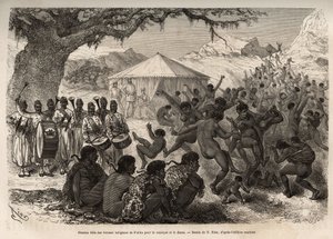 The band of the expedition attracts women and children of the village of Fatiko (Central African Republic). Engraving illustrating an expedition in Central Africa by Edouard Riou