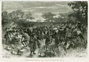 The camp invaded by the Indians. Engraving by Riou, to illustrate the story 