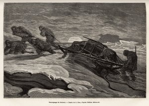 The crew of the ship La Germania, descended on the ice for a hunting game, proceeded to tow their sleigh on the ice, as the sun sets, engraving after the drawing of E. Riou, illustrating a voyage to the North Pole by Edouard Riou
