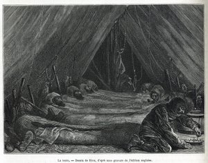 The interior of the tent on the ice floe (drawing by Riou, to illustrate the story of a voyage to the polar sea in 1875-1876 by Captain G. S. Nares. Engraving in 