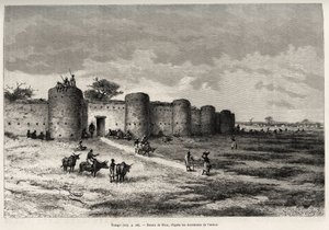 The town of Tiong-Gi, with its fortifications and clay towers. Engraving by Riou, to illustrate the story From Niger to the Gulf of Guinee by Captain Louis Gustave Binger by Edouard Riou