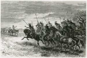 Tobas Indians (from the Chaco region, between Paraguay and Bolivia) refusing to pass to the column of the Thouar expedition. Engraving by Riou, to illustrate the story 