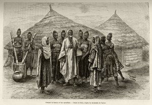 Women of Samory Toure war chief of the Niger loop and their supervisor, Sonninke, who knows how to read and write Arabic, as evidenced by the paper he holds in his hand. Engraving to illustrate the story From Niger to the Gulf of Guinee by Captain Louis Gu by Edouard Riou
