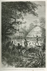 Yacouman, Roucouyenne chief, tribe of Guiana on the banks of the Oyapock, chasing the devil, he walks through the village after the birth of a child, sprinkling a milky white liquid with a feather brush, engraving after a drawing by Riou, to illustrate the