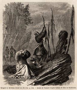 Mongols in devotion to an obo, near the Bakka and Mongolia mountains, drawing by Vaumort to illustrate the journey from Shanghai to Moscow, from 1859 to 1862, of M. de Bourboulon, French minister to China. Engraving in Le tour du monde, edited by Edouard C by Edouard Vaumort