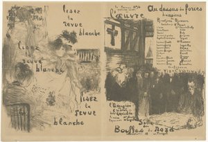 Cover program booklet with advertisement for La Revue Blanche and announcement of the play Au-dessus des forces humaines by Edouard Vuillard