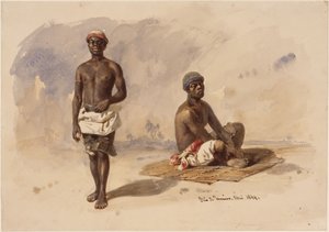 Two Afro-Brazilians; one standing, facing forward, the other sitting on a reed mat by Eduard Hildebrandt