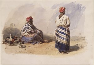 Two Colored Street Vendors; One Sitting Next to a Tray, the Other Standing with Back View