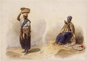 Two Colored Street Vendors; One Standing with Basket on Head, the Other Sitting and Smoking a Pipe by Eduard Hildebrandt