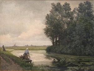 Dutch Landscape, A Girl Washing by a Canal by Edvard Petersen