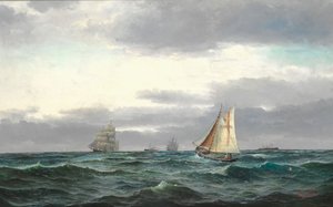 Marine with Several Ships, Gray Rainy Clouds and a Bit of Blue Sky by Edvard Skari
