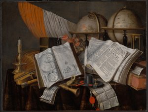 A Vanitas Still Life with a Flag, Candlestick, Musical Instruments, Books, Writing Paraphernalia, Globes and Hourglass by Edwaert Collier