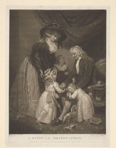 Woman with Three Children Visiting Their Grandfather