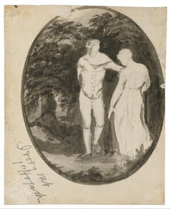 A Couple in a Wooded Landscape Set in an Oval by Edward Lear