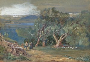 A distant view of Corfu from Viros by Edward Lear
