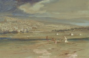 A view of the city of Hebron with camels and figures in the foreground by Edward Lear